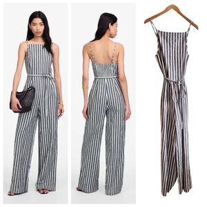 Madewell pleated wide leg jumpsuit in pinstripe linen navy